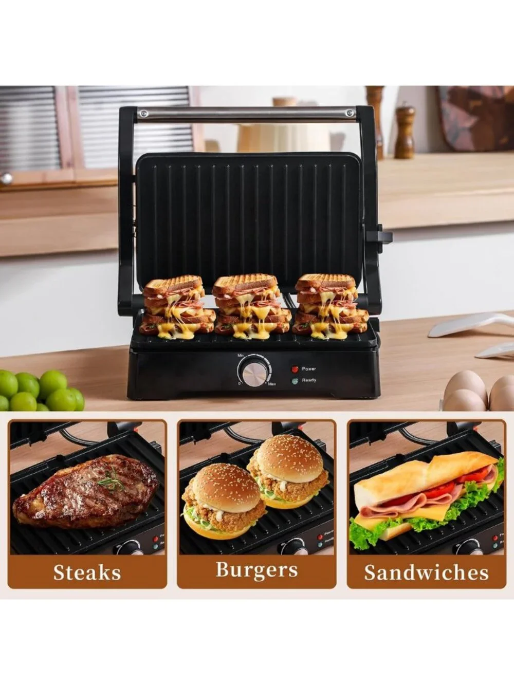 Versatile 3-in-1 Large Panini Press & Grill - Opens 180° for Perfect Sandwiches